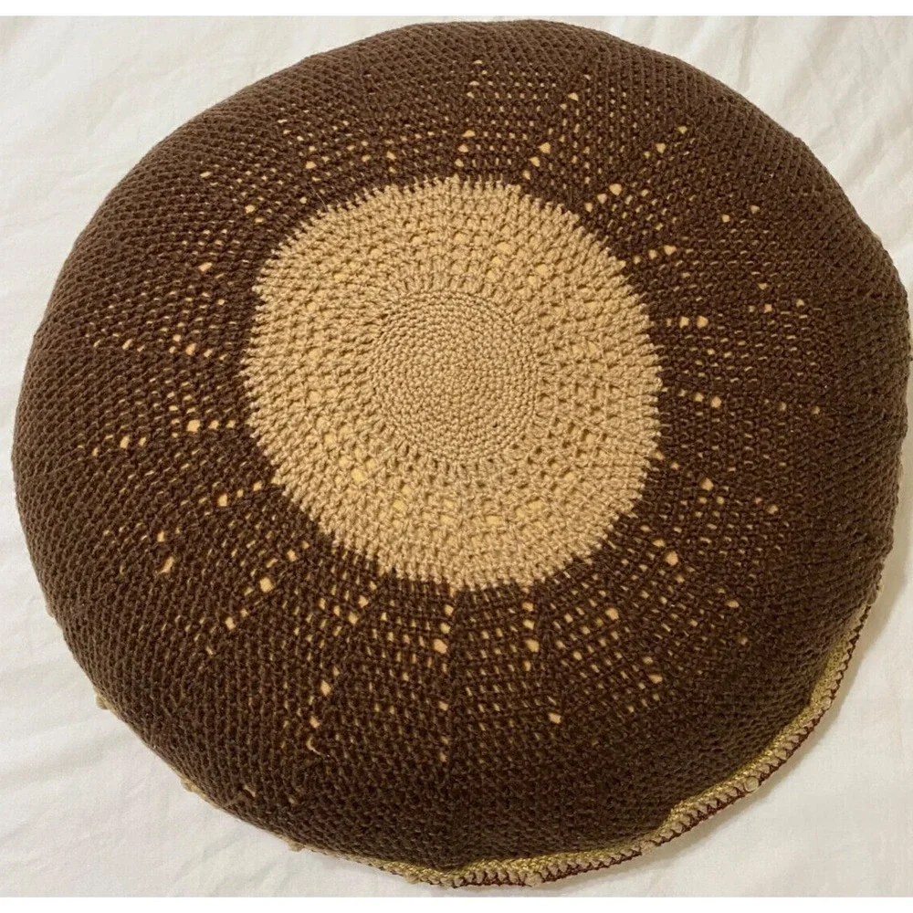 Crocheted Throw‎ Pillow MCM Browns Beige Vtg 70s Look Round Meditation